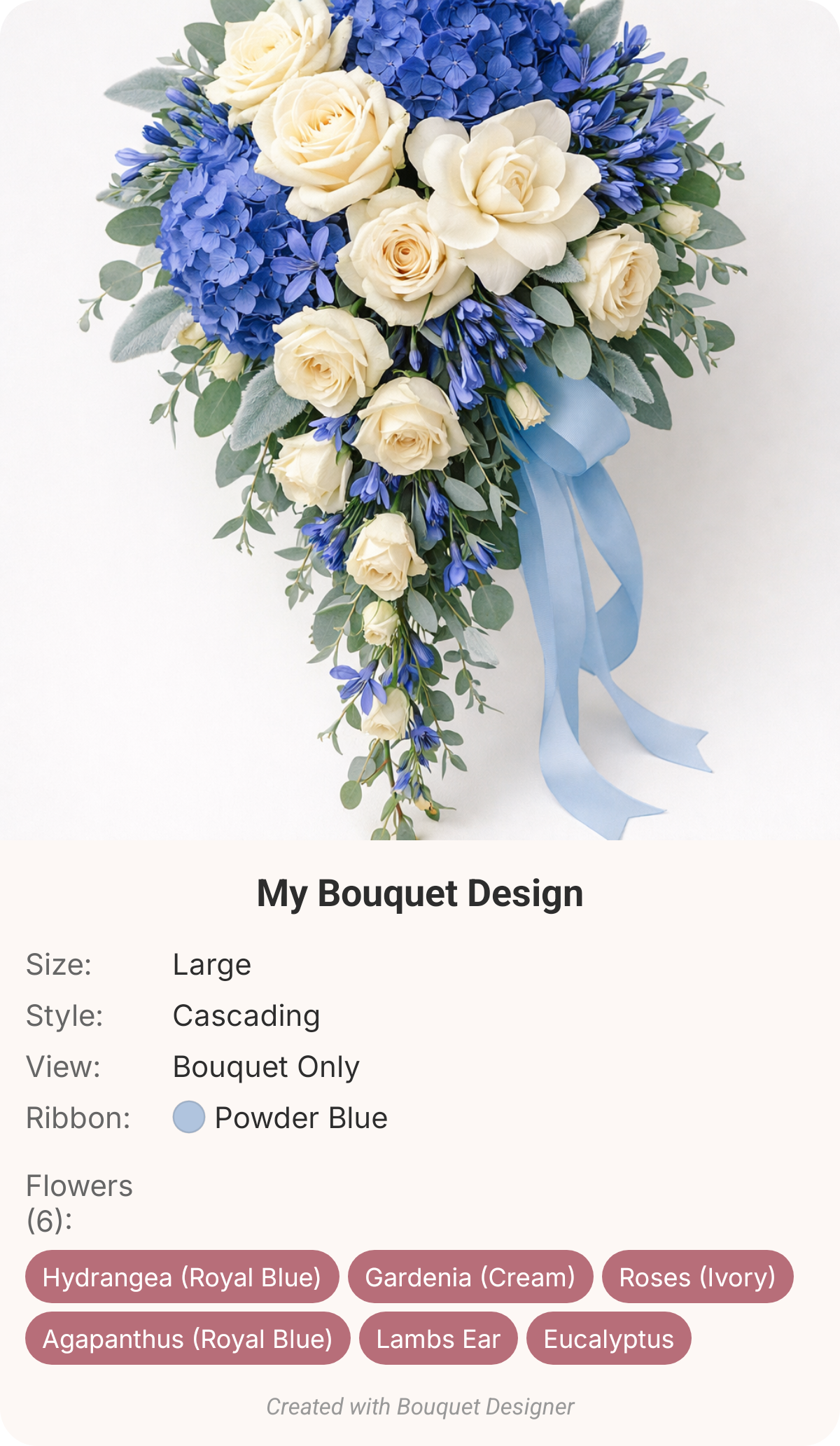 Large cascading bouquet with ivory roses, royal blue hydrangea, agapanthus, lamb's ear and eucalyptus with a powder blue ribbon