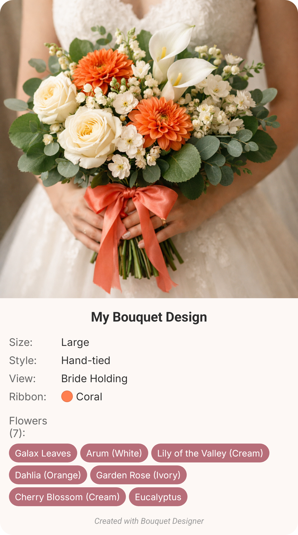 Bride holding a large hand-tied bouquet with orange gerberas, cream roses, calla lilies, cherry blossom and a coral ribbon