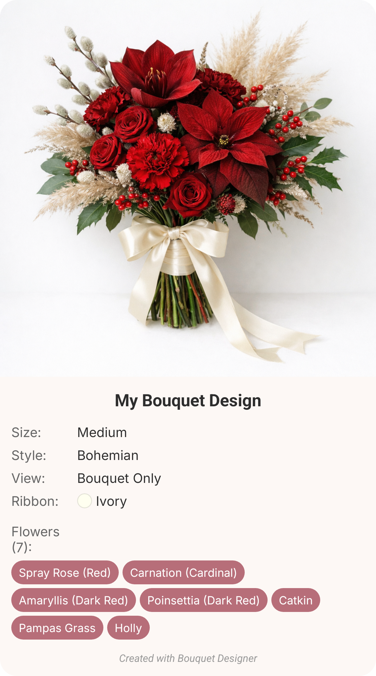 Rich red winter bouquet with amaryllis, spray roses, carnations, poinsettia, pampas grass, holly and catkin with an ivory ribbon
