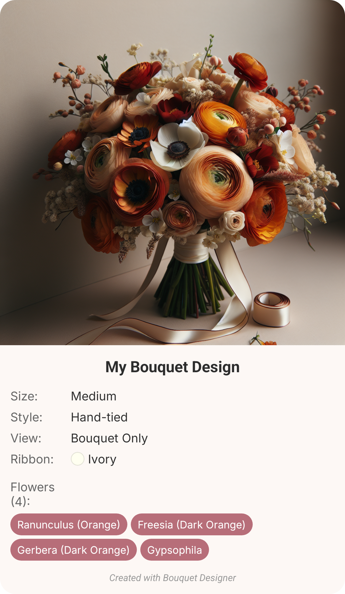 Hand-tied terracotta bouquet with orange ranunculus and gerbera
